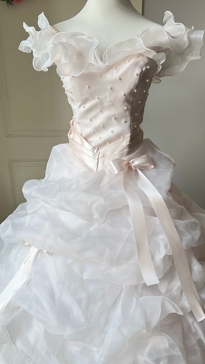 Sweet 15 Quinceanera Dresses Ball Gown Off Shoulder Pink With Tiered Layers Long 16th Birthday Dress RC0698