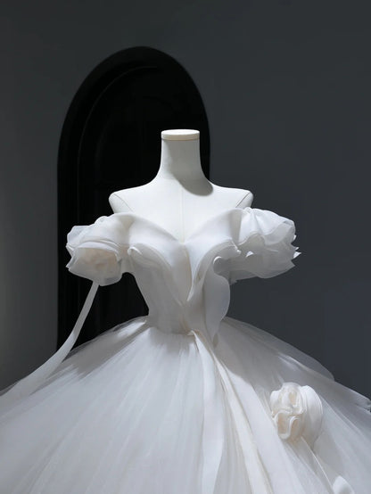 Princess Long Wedding Gowns Ball Gown Off The Shoulder Style for Bride With Short Sleeves Train White Bridal Dresses AS375