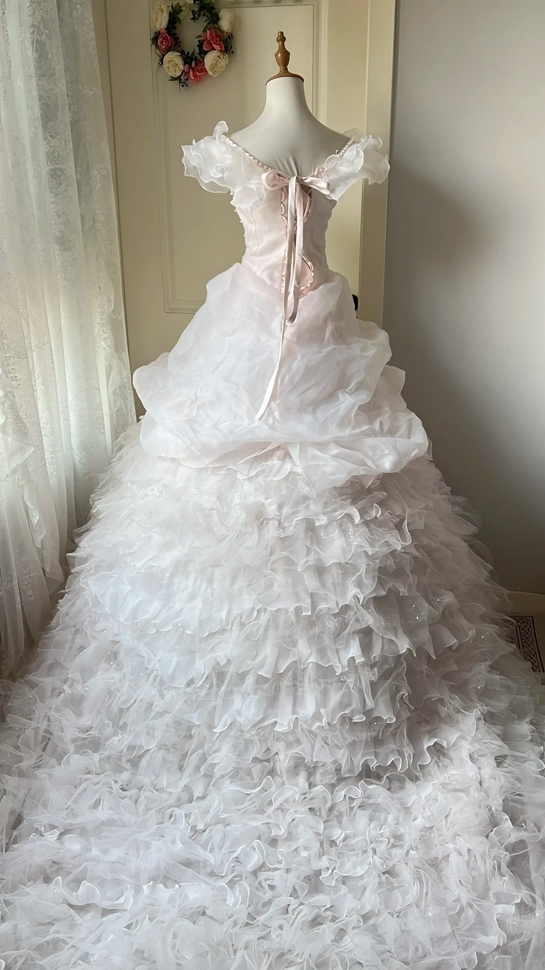 Sweet 15 Quinceanera Dresses Ball Gown Off Shoulder Pink With Tiered Layers Long 16th Birthday Dress RC0698
