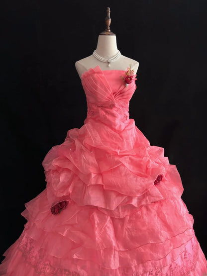 Beautiful Ball Gown Strapless Pink Tulle Long With Ruffled Flowers Quince Dress inspo Quinceanera Dresses Sweet 15 16 Outfits RB7829