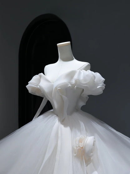 Princess Long Wedding Gowns Ball Gown Off The Shoulder Style for Bride With Short Sleeves Train White Bridal Dresses AS375