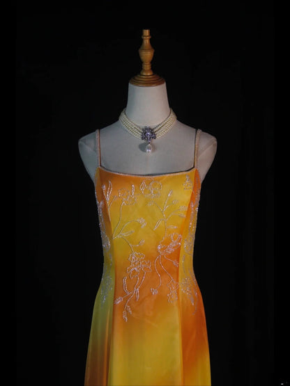 Retro 60s A line Spaghetti Straps Multi Colors Chiffon With Beads Long Prom Dresses Inspo 22th Birthday Outfit Formal Gown AS376
