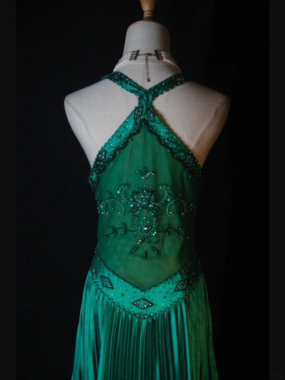 Retro 60s A line Halter Dark Emerald Green Satin With Beads Long Prom Dresses Inspo 22th Birthday Outfit Formal Gown AS377