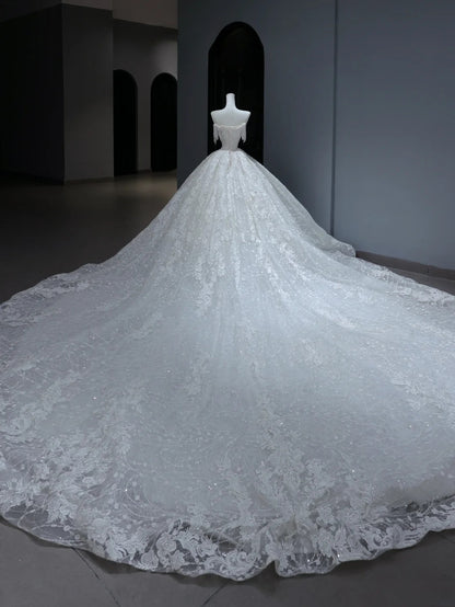 Princess Long Wedding Gowns Ball Gown Sweetheart Style for Bride With Tassel Train White Lace Bridal Dresses AS377