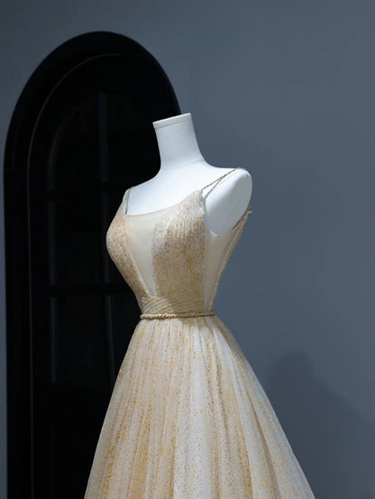 Modest Prom Dresses Aesthetic A Line Spaghetti Straps Gold Tulle Inspiration Style Impress Corset Fitted Long Party Formal Gown AS378