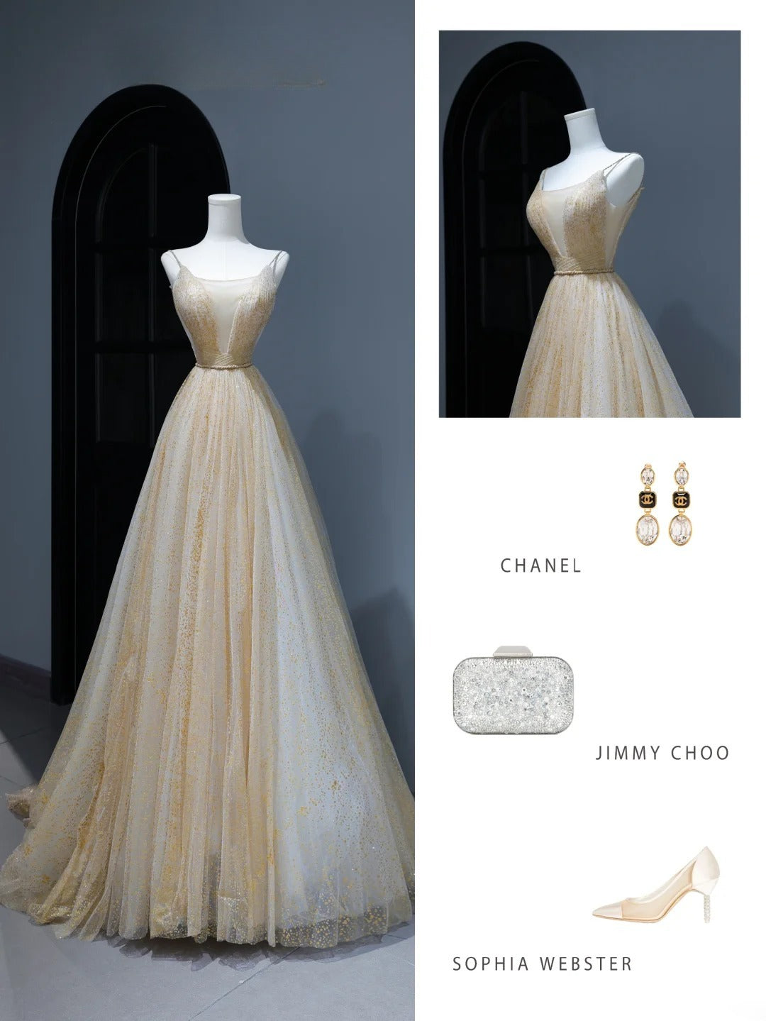 Modest Prom Dresses Aesthetic A Line Spaghetti Straps Gold Tulle Inspiration Style Impress Corset Fitted Long Party Formal Gown AS378
