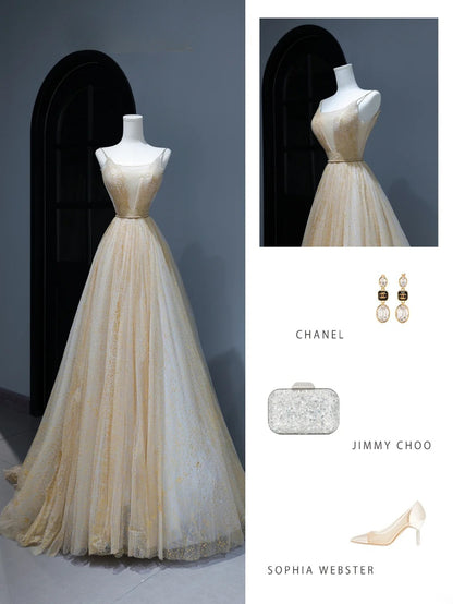 Modest Prom Dresses Aesthetic A Line Spaghetti Straps Gold Tulle Inspiration Style Impress Corset Fitted Long Party Formal Gown AS378