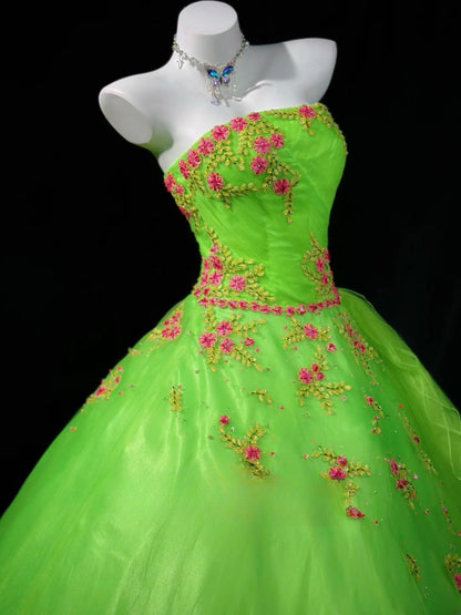 Charming Prom Dresses Ball Gown Strapless Green Tulle With Beading Night Evening Formal Outfits RB6199