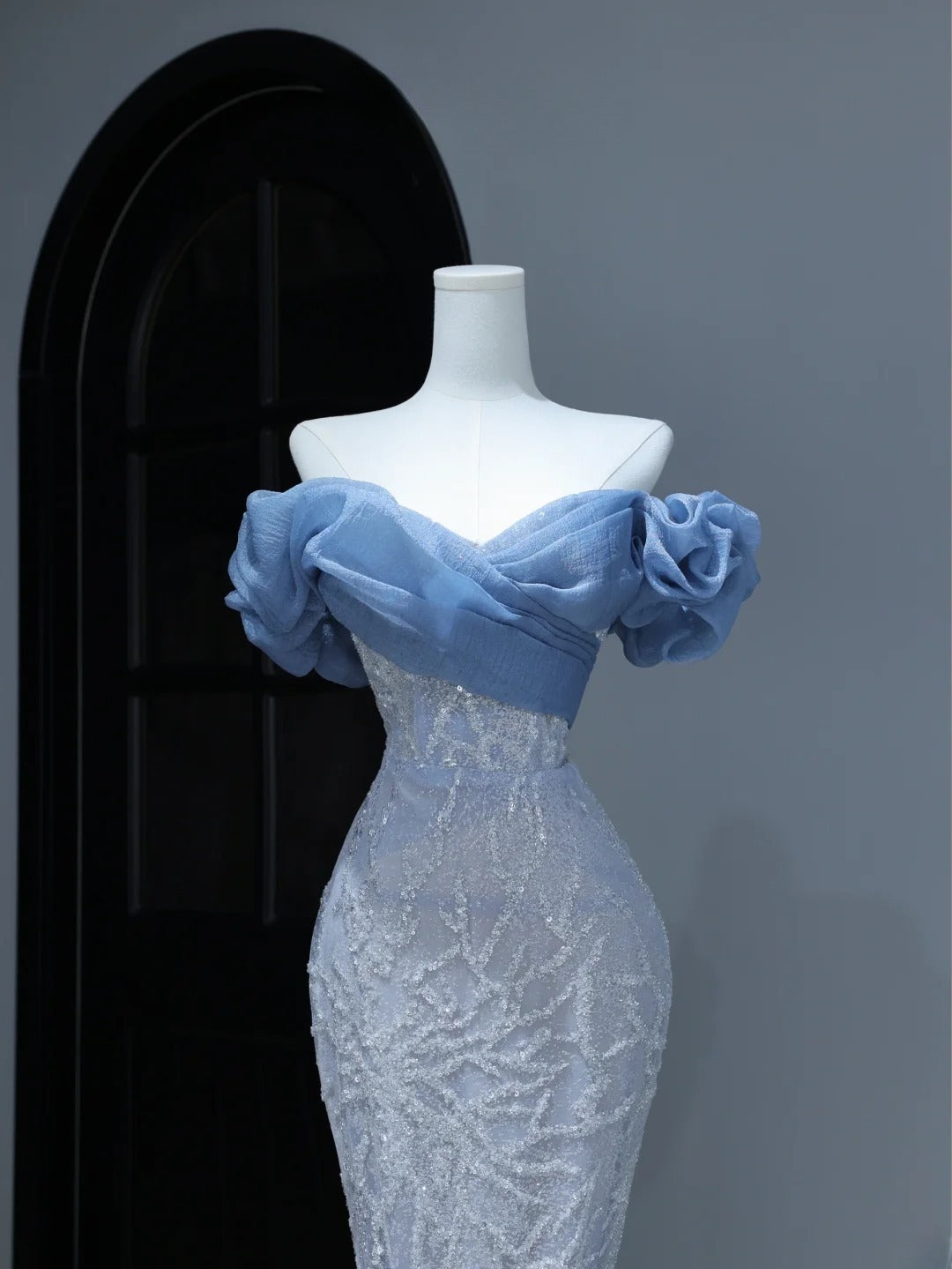 Modest Prom Dresses Aesthetic Mermaid Off The Shoulder Blue Sequins Inspiration Style Impress With Puffy Sleeves Long Party Formal Gown AS380