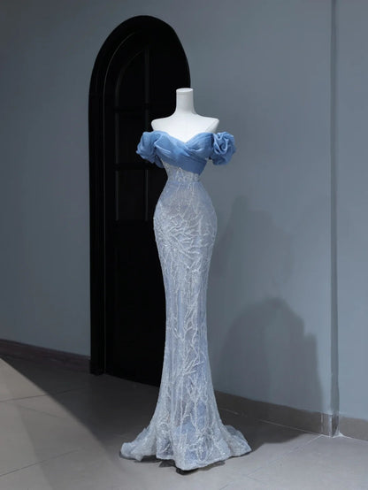 Modest Prom Dresses Aesthetic Mermaid Off The Shoulder Blue Sequins Inspiration Style Impress With Puffy Sleeves Long Party Formal Gown AS380