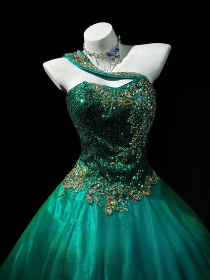 Charming Prom Dresses Ball Gown One Shoulder Dark Green Tulle With Beading Night Evening Formal Outfits RB6200