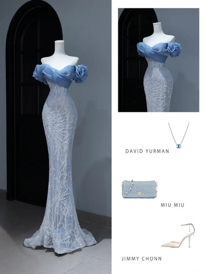 Modest Prom Dresses Aesthetic Mermaid Off The Shoulder Blue Sequins Inspiration Style Impress With Puffy Sleeves Long Party Formal Gown AS380