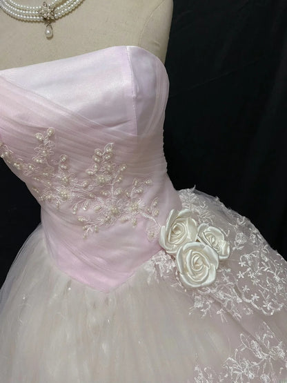 Fairytale Ball Gown Strapless Tulle Long Light Pink With Lace Quince Dress inspo Quinceanera Dresses Sweet 15 16 Outfits RB7834