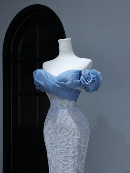 Modest Prom Dresses Aesthetic Mermaid Off The Shoulder Blue Sequins Inspiration Style Impress With Puffy Sleeves Long Party Formal Gown AS380