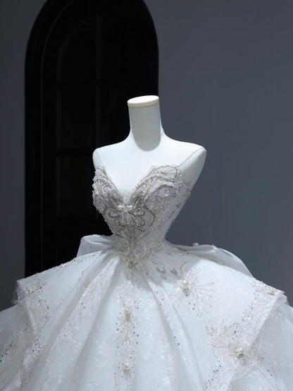 Princess Long Wedding Gowns Ball Gown Sweetheart Style for Bride With Silver Beaded Bodice Train White Bridal Dresses AS381