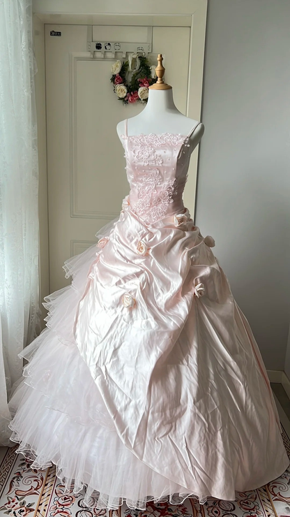 Sweet 15 Quinceanera Dresses Ball Gown Spaghetti Straps Pink With Flowers Layers Long 16th Birthday Dress RC0704