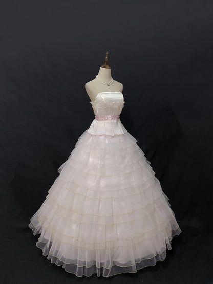 Fairytale Ball Gown Strapless Tulle Long Light Pink With Pearls Quince Dress inspo Quinceanera Dresses Sweet 15 16 Outfits RB7835