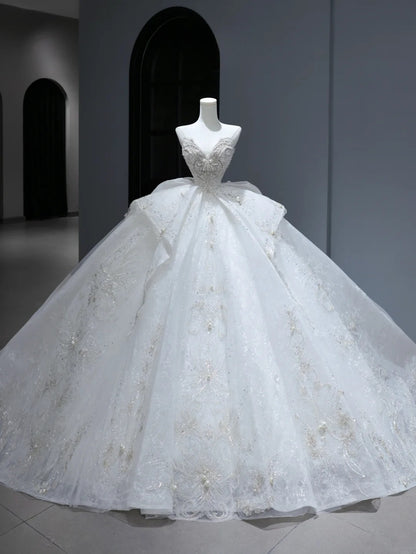 Princess Long Wedding Gowns Ball Gown Sweetheart Style for Bride With Silver Beaded Bodice Train White Bridal Dresses AS381