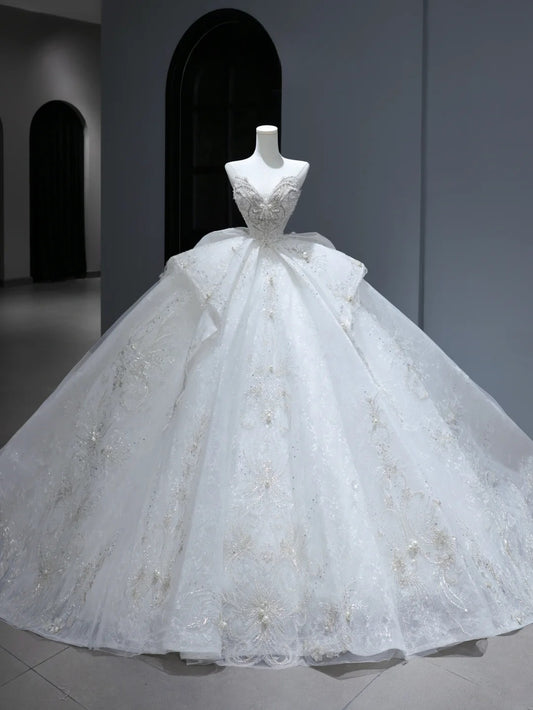 Princess Long Wedding Gowns Ball Gown Sweetheart Style for Bride With Silver Beaded Bodice Train White Bridal Dresses AS381