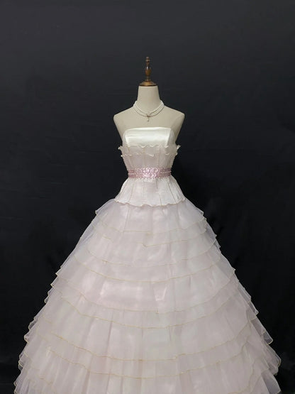 Fairytale Ball Gown Strapless Tulle Long Light Pink With Pearls Quince Dress inspo Quinceanera Dresses Sweet 15 16 Outfits RB7835