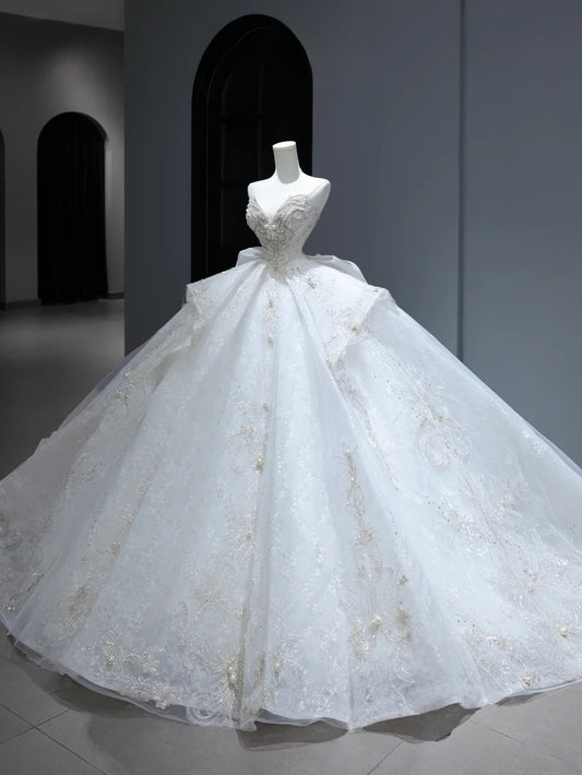 Princess Long Wedding Gowns Ball Gown Sweetheart Style for Bride With Silver Beaded Bodice Train White Bridal Dresses AS381