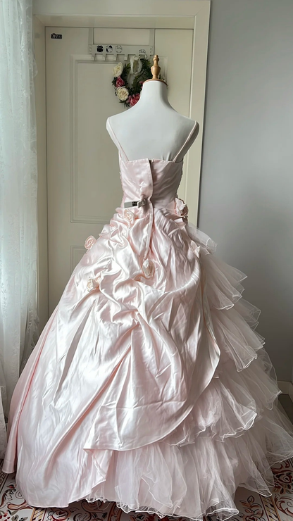 Sweet 15 Quinceanera Dresses Ball Gown Spaghetti Straps Pink With Flowers Layers Long 16th Birthday Dress RC0704