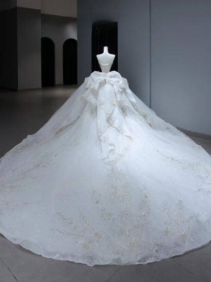 Princess Long Wedding Gowns Ball Gown Sweetheart Style for Bride With Silver Beaded Bodice Train White Bridal Dresses AS381