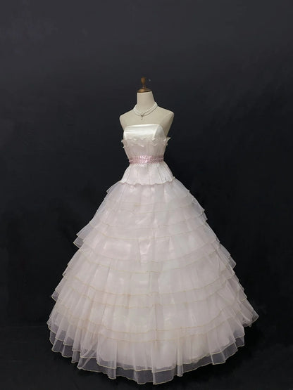 Fairytale Ball Gown Strapless Tulle Long Light Pink With Pearls Quince Dress inspo Quinceanera Dresses Sweet 15 16 Outfits RB7835
