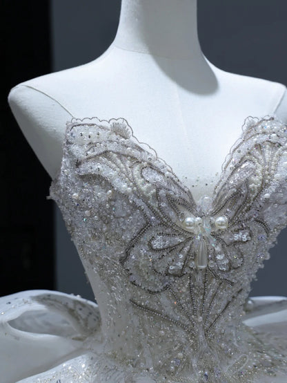 Princess Long Wedding Gowns Ball Gown Sweetheart Style for Bride With Silver Beaded Bodice Train White Bridal Dresses AS381