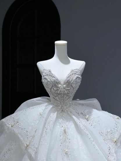 Princess Long Wedding Gowns Ball Gown Sweetheart Style for Bride With Silver Beaded Bodice Train White Bridal Dresses AS381