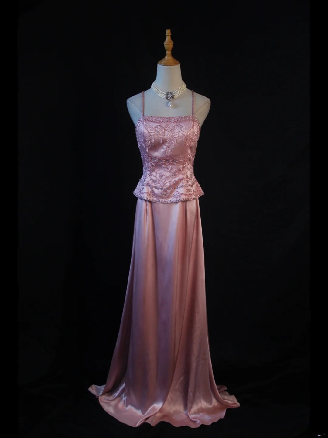 Vintage A Line 80s Spaghetti Straps Pink Beads With Beaded Long Prom Dresses Inspo Birthday Outfit Formal Gowns AS382