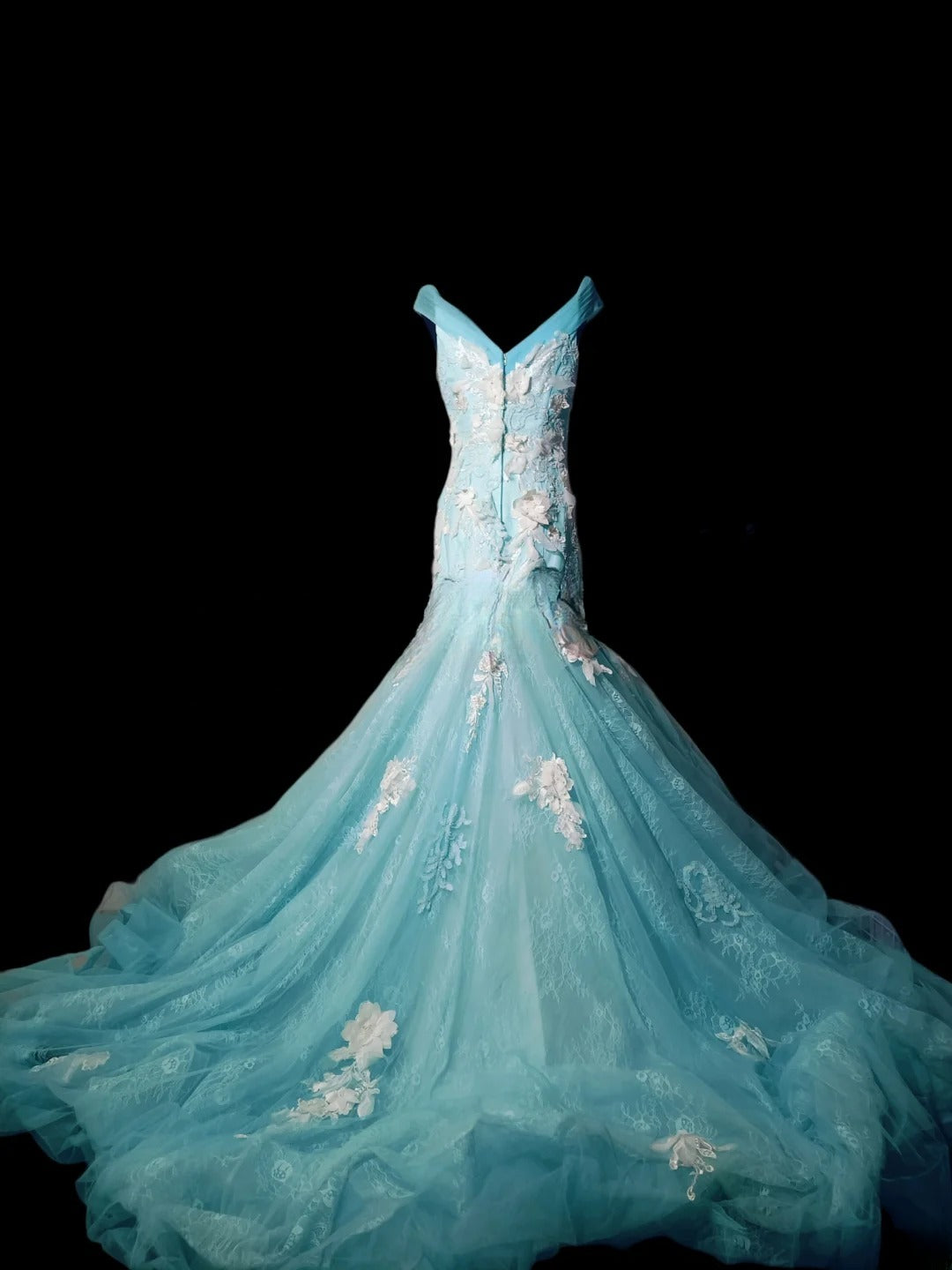 Vintage Mermaid V Neck Blue Tulle Lace Long Prom Dress Formal Dress Party Dresses RB7157