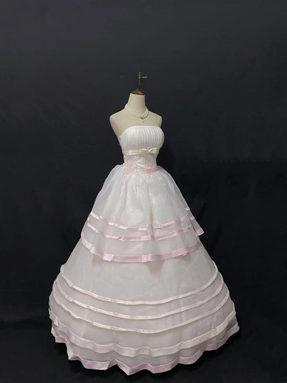 Fairytale Ball Gown Strapless Tulle Long Light Pink With Lace Quince Dress inspo Quinceanera Dresses Sweet 15 16 Outfits RB7836