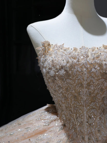 Princess Long Wedding Dress Ball Gown Strapless Blush Pink Style for Bride With Beaded Sequin Bodice Train Bridal Dresses AS383