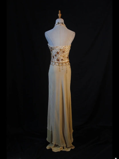 Retro 60s High Low V Neck Champagne Chiffon With Beads Long Prom Dresses Inspo 22th Birthday Outfit Formal Gown AS383