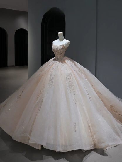 Princess Long Wedding Dress Ball Gown Strapless Blush Pink Style for Bride With Beaded Sequin Bodice Train Bridal Dresses AS383