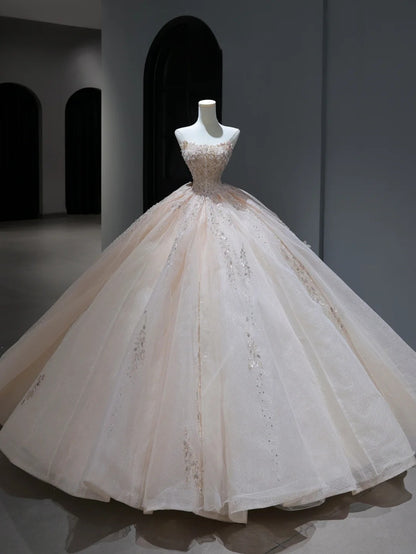 Princess Long Wedding Dress Ball Gown Strapless Blush Pink Style for Bride With Beaded Sequin Bodice Train Bridal Dresses AS383