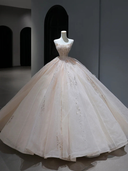 Princess Long Wedding Dress Ball Gown Strapless Blush Pink Style for Bride With Beaded Sequin Bodice Train Bridal Dresses AS383