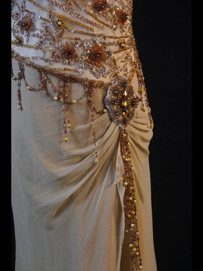 Retro 60s High Low V Neck Champagne Chiffon With Beads Long Prom Dresses Inspo 22th Birthday Outfit Formal Gown AS383