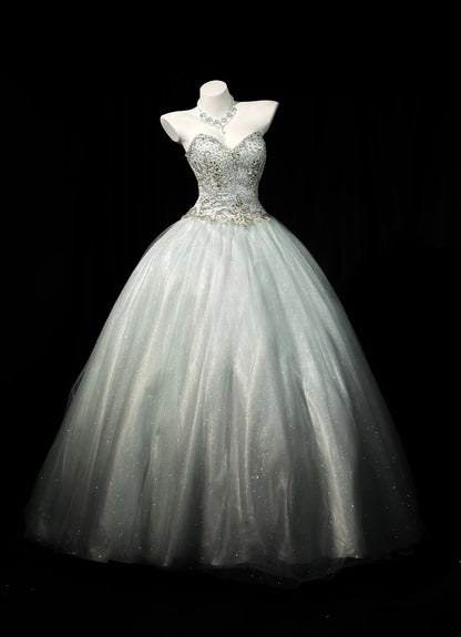 Charming Prom Dresses Ball Gown Sweetheart Silver Gray Tulle With Beading Night Evening Formal Outfits RB6203