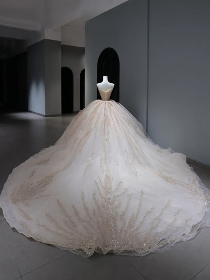 Princess Long Wedding Dress Ball Gown Strapless Blush Pink Style for Bride With Beaded Sequin Bodice Train Bridal Dresses AS383