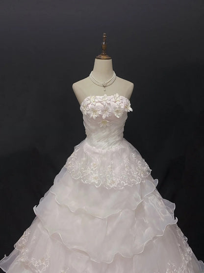 Fairytale Ball Gown Strapless Light Pink Tulle Long With Lace Quince Dress inspo Quinceanera Dresses Sweet 15 16 Outfits RB7838
