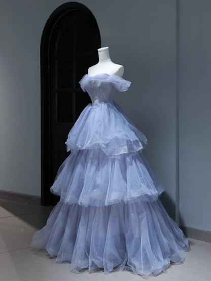 Modest Prom Dresses Aesthetic Ball Gown Off The Shoulder Lilac Tulle Inspiration Style Impress With Sleeves Beaded Long Party Formal Gown AS384