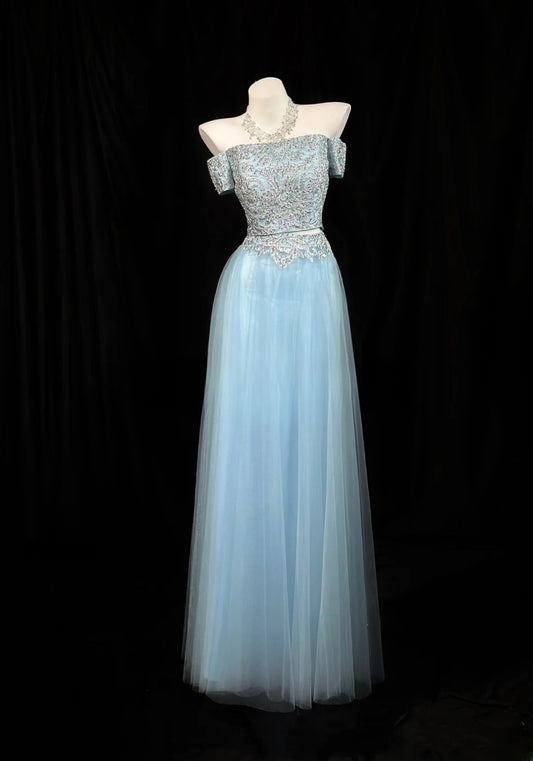 Vintage 2000s Prom Dresses A line Off The Shoulder 2 Pieces Blue Lace With Corset Fitted Long Party Formal Outfits RB6204