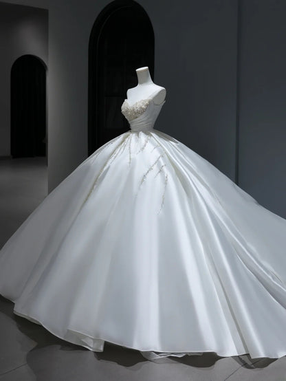 Princess Long Wedding Dress Ball Gown Sweetheart Style for Bride With Pearls Beaded Bodice Train Bridal Dresses AS385