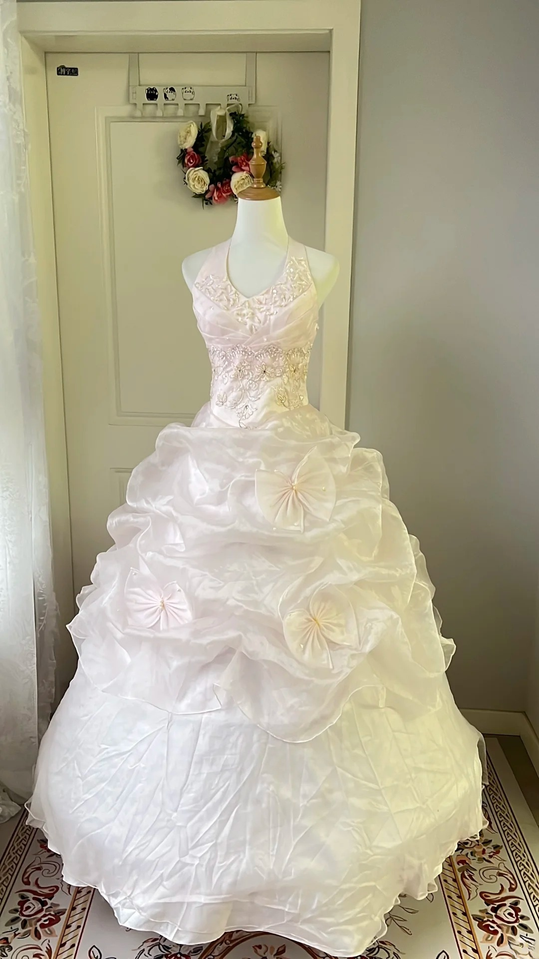 Sweet 15 Quinceanera Dresses Ball Gown Halter Pearl Pink With Tiered Beaded Long 16th Birthday Dress RC0708