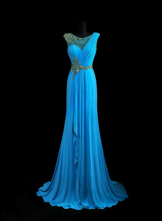 Modest Prom Dresses Mermaid Scoop Blue Chiffon 1950s Retro Classy Party Formal Outfits RB6205