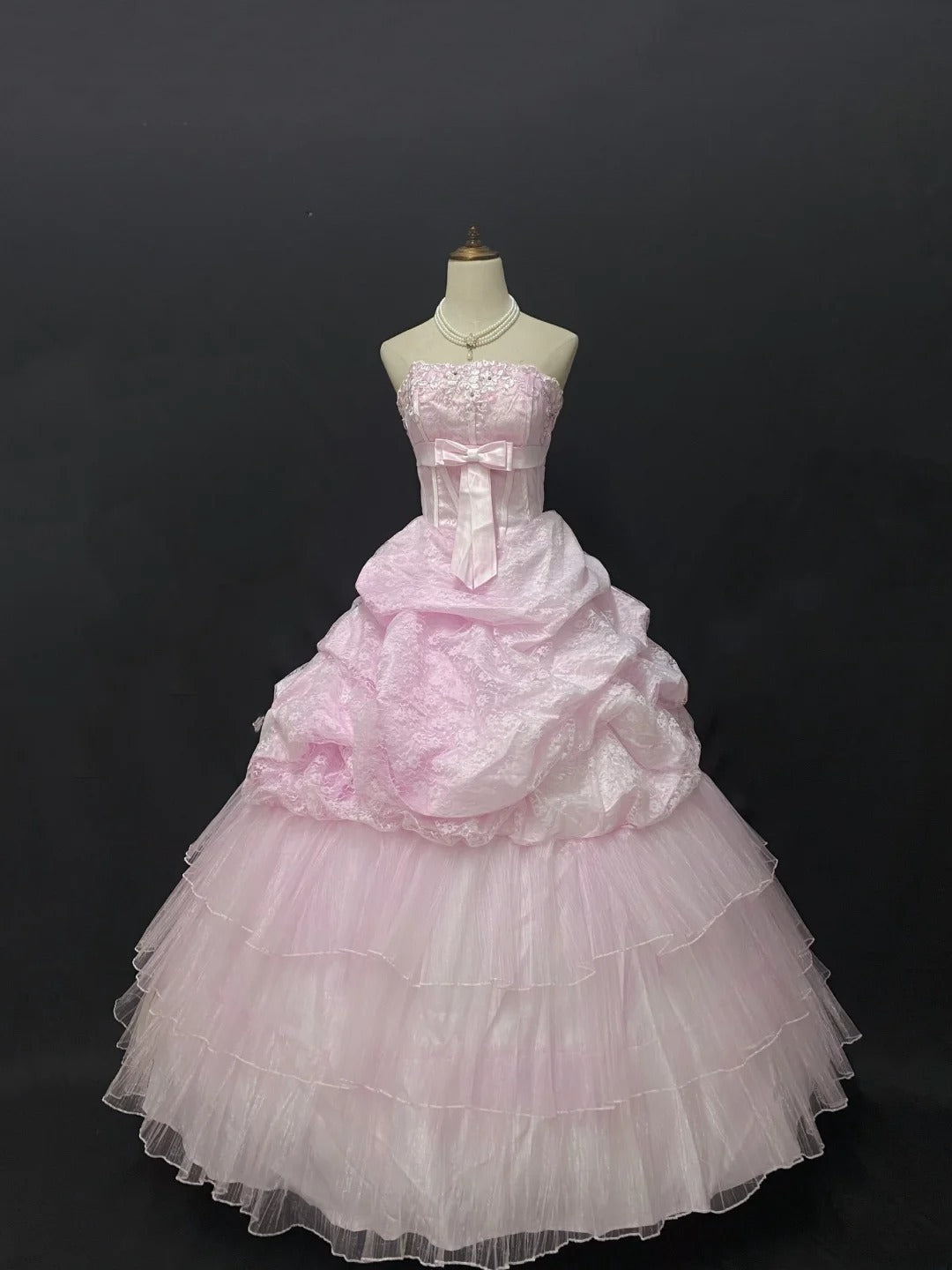 Fairytale Ball Gown Strapless Pink Tulle Long With Lace Quince Dress inspo Quinceanera Dresses Sweet 15 16 Outfits RB7839