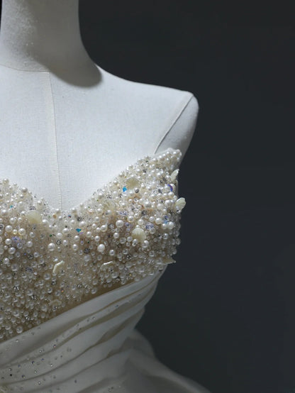 Princess Long Wedding Dress Ball Gown Sweetheart Style for Bride With Pearls Beaded Bodice Train Bridal Dresses AS385