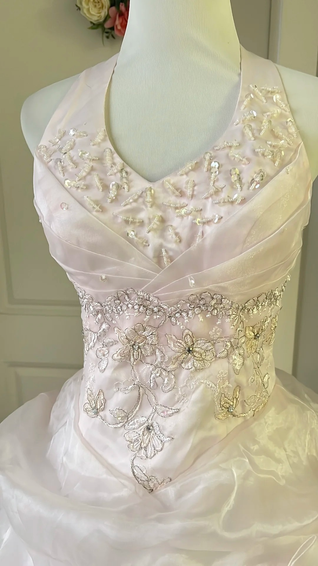 Sweet 15 Quinceanera Dresses Ball Gown Halter Pearl Pink With Tiered Beaded Long 16th Birthday Dress RC0708